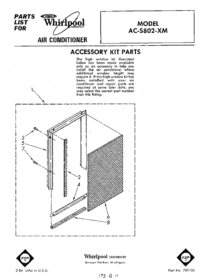 SECTION Diagram and Parts List for ACS802XM  Whirlpool Air Conditioner