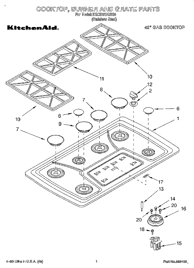 COOKTOP, BURNER AND GRATE PARTS Diagram and Parts List for KGCS127GSS0  KitchenAid Cooktop