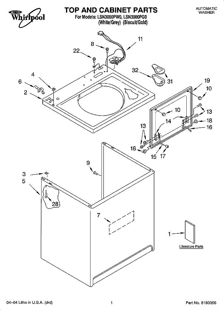 TOP AND CABINET PARTS Diagram and Parts List for LSN3000PW0  Whirlpool Washer