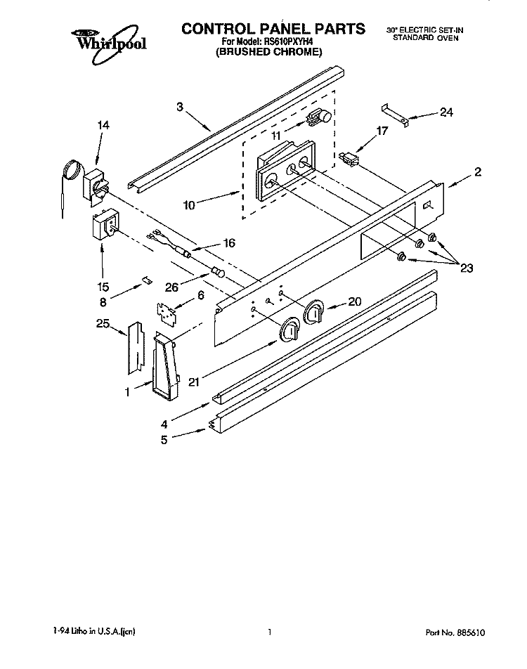 CONTROL PANEL Diagram and Parts List for RS610PXYH4  Whirlpool Range