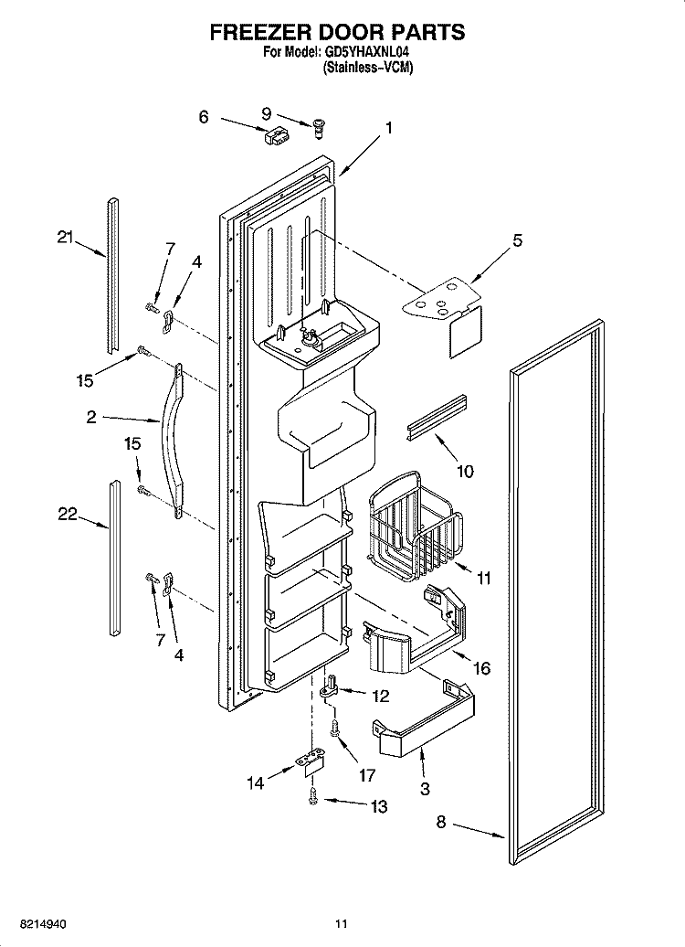 FREEZER DOOR PARTS Diagram and Parts List for GD5YHAXNL04  Whirlpool Refrigerator