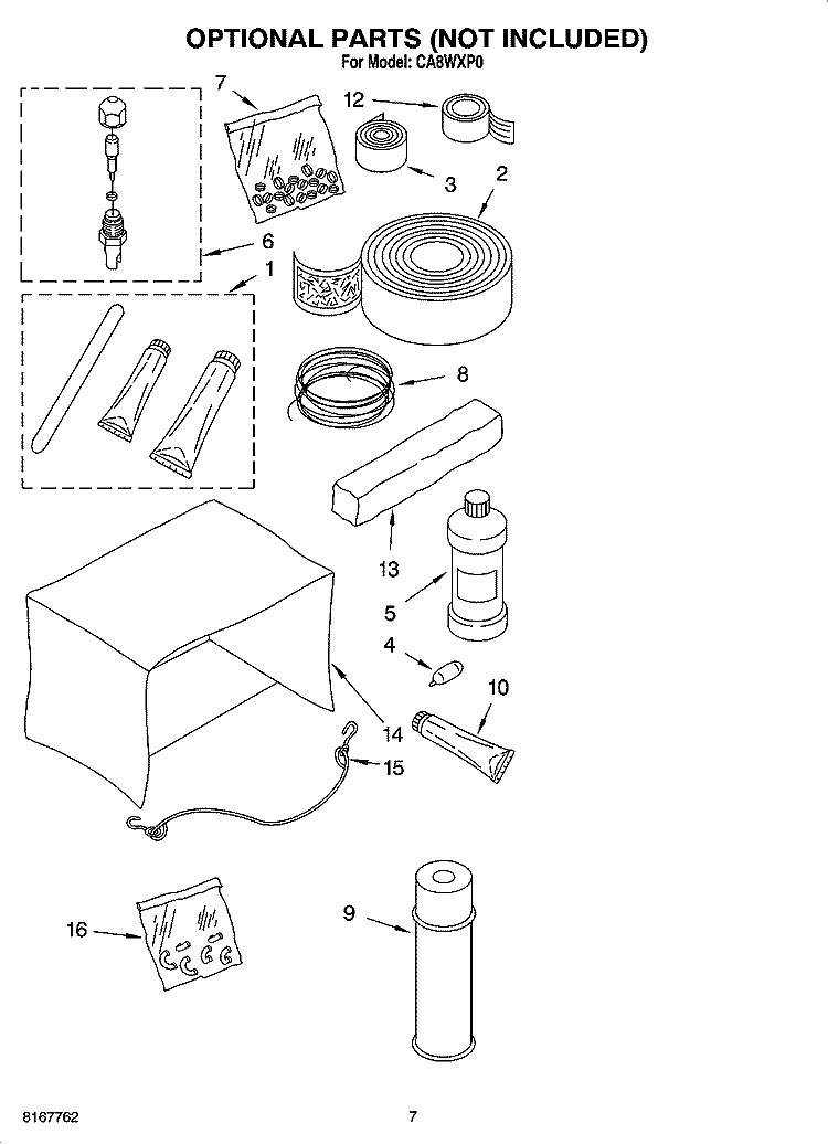 OPTIONAL  PARTS (NOT INCLUDED) Diagram and Parts List for CA8WXP0  Crosley Air Conditioner