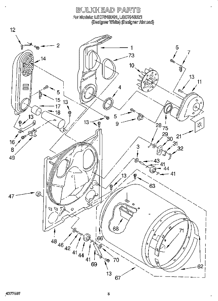 BULKHEAD Diagram and Parts List for LGC7848DQ1  Whirlpool Dryer