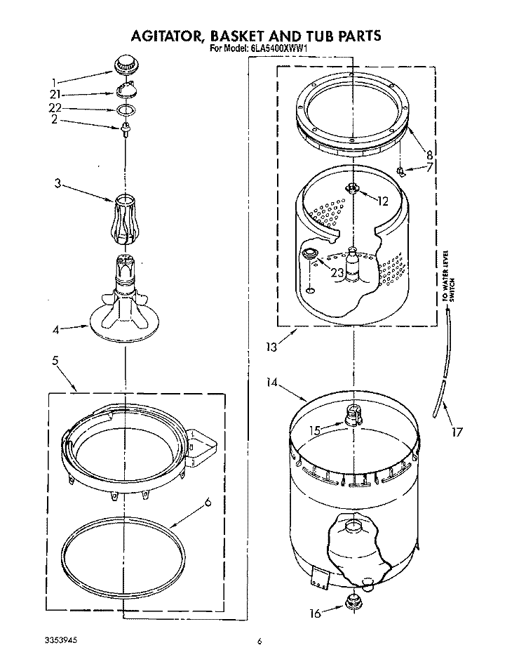 AGITATOR, BASKET AND TUB Diagram and Parts List for 6LA5400XWW1  Whirlpool Washer