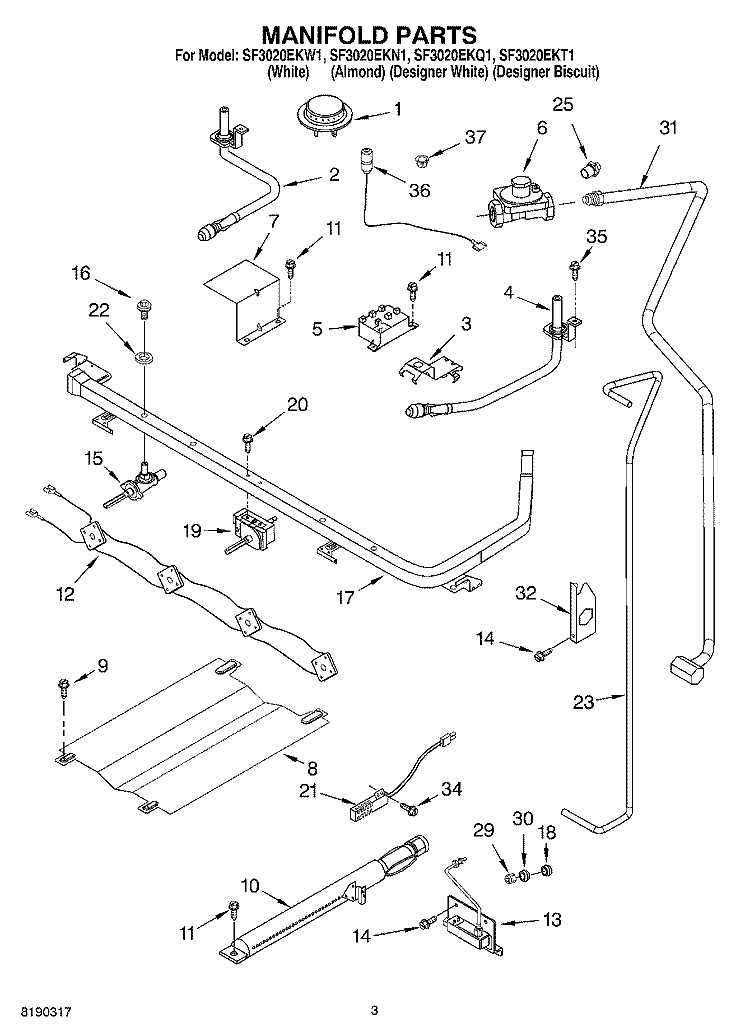 MANIFOLD PARTS Diagram and Parts List for SF3020EKQ1  Whirlpool Range