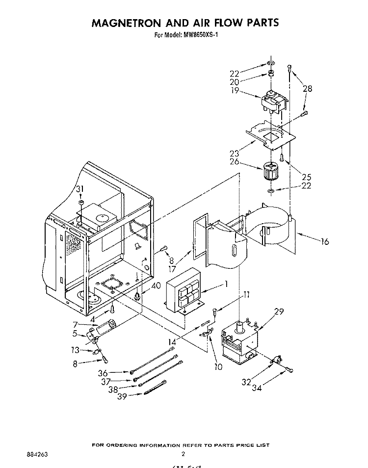 MAGNETRON AND AIRFLOW Diagram and Parts List for MW8650XS1  Whirlpool Microwave