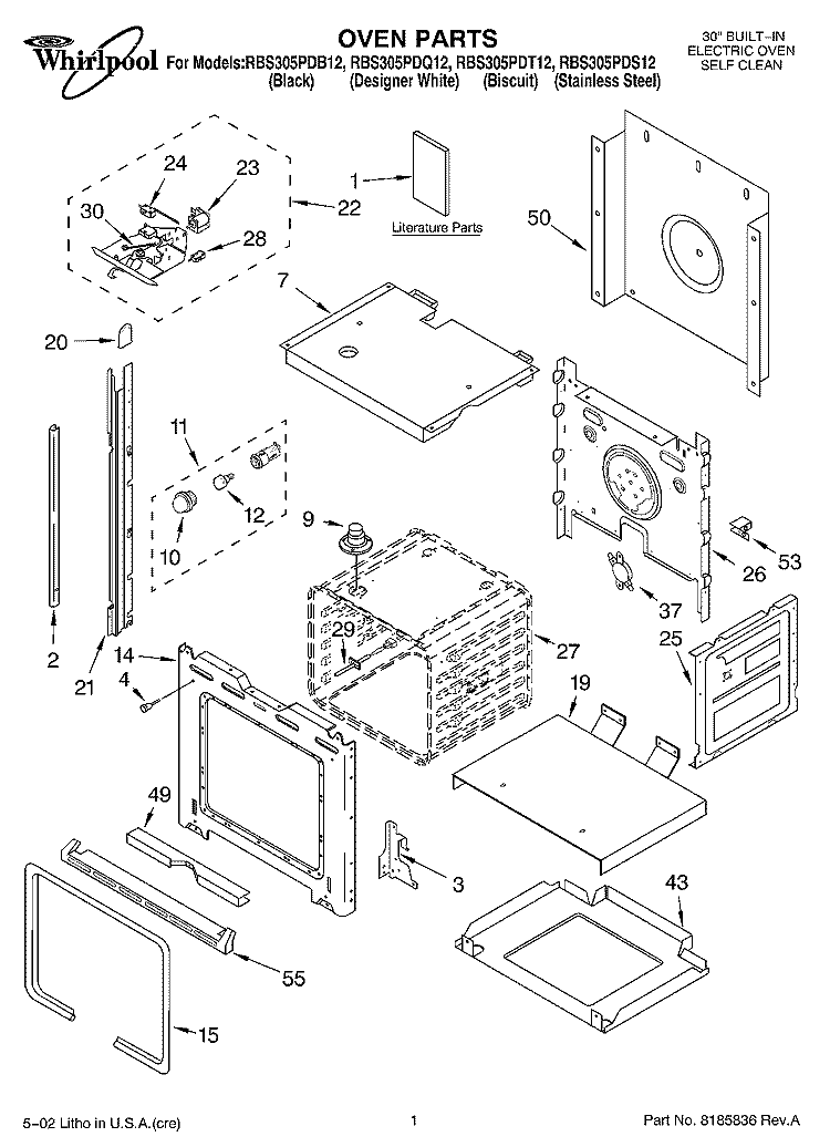OVEN, LITERATURE Diagram and Parts List for RBS305PDB12  Whirlpool Wall Oven