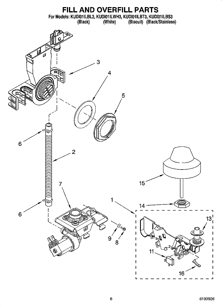 FILL AND OVERFILL PARTS Diagram and Parts List for KUDI01ILWH3  KitchenAid Dishwasher