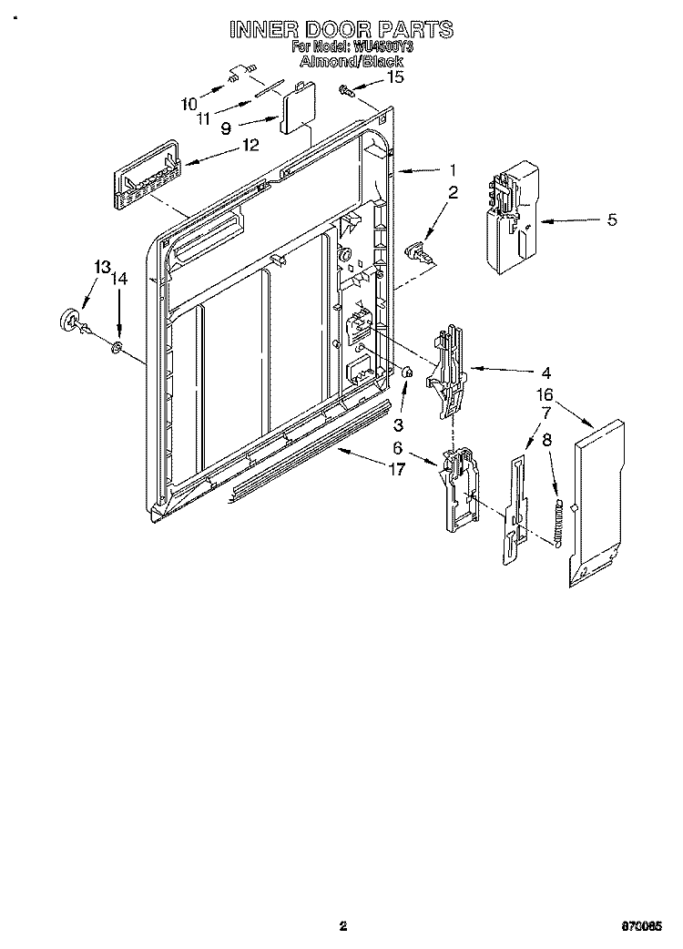 INNER DOOR Diagram and Parts List for WU4500Y3  Roper Dishwasher