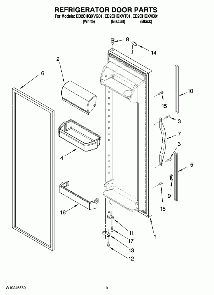 REFRIGERATOR DOOR PARTS Diagram and Parts List for ED2CHQXVB01  Whirlpool Refrigerator