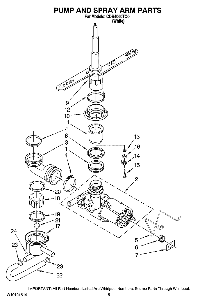 PUMP AND SPRAY ARM PARTS Diagram and Parts List for CDB4000TQ0  Whirlpool Dishwasher