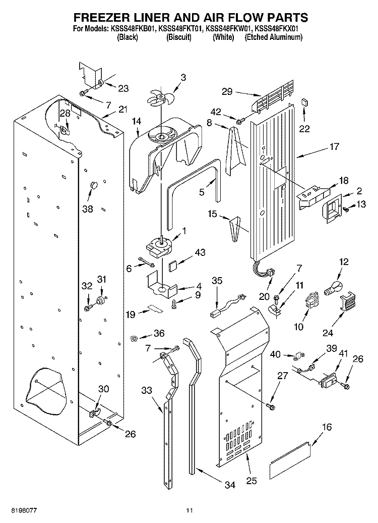 FREEZER LINER AND AIR FLOW Diagram and Parts List for KSSS48FKW01  KitchenAid Refrigerator