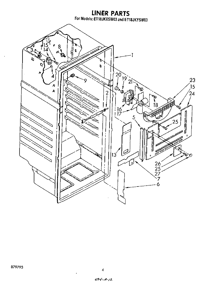 LINER Diagram and Parts List for ET18JKYSW03  Whirlpool Refrigerator