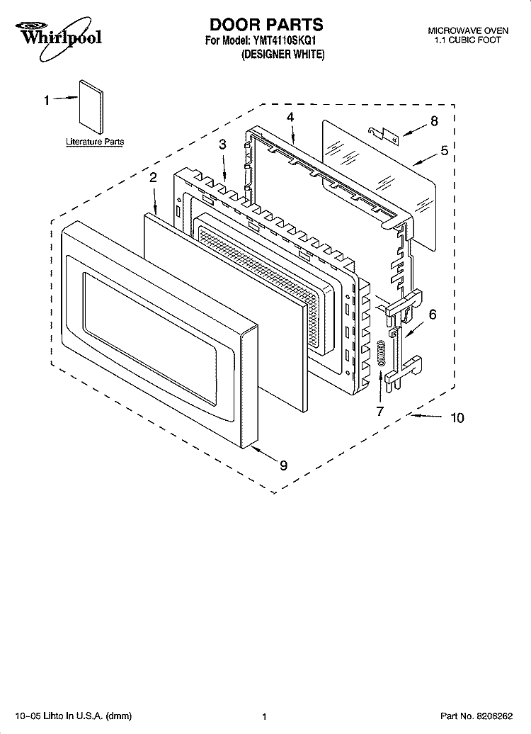 DOOR PARTS Diagram and Parts List for YMT4110SKQ1  Whirlpool Microwave