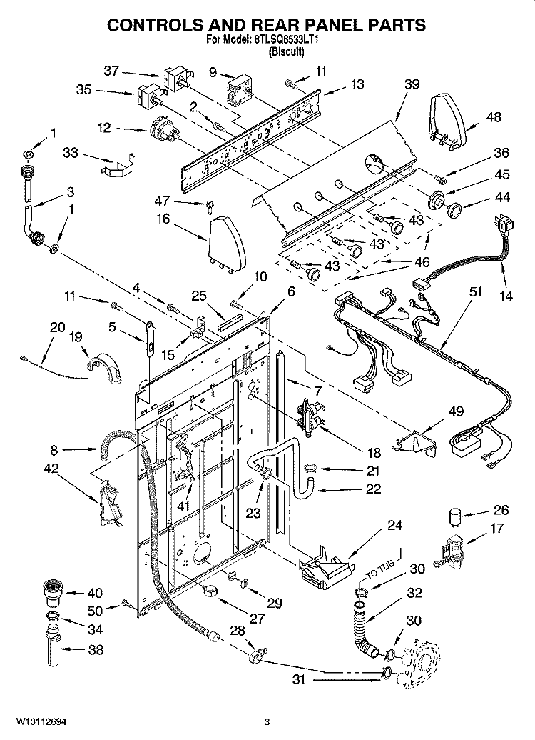 CONTROLS AND REAR PANEL PARTS Diagram and Parts List for 8TLSQ8533LT1  Whirlpool Washer
