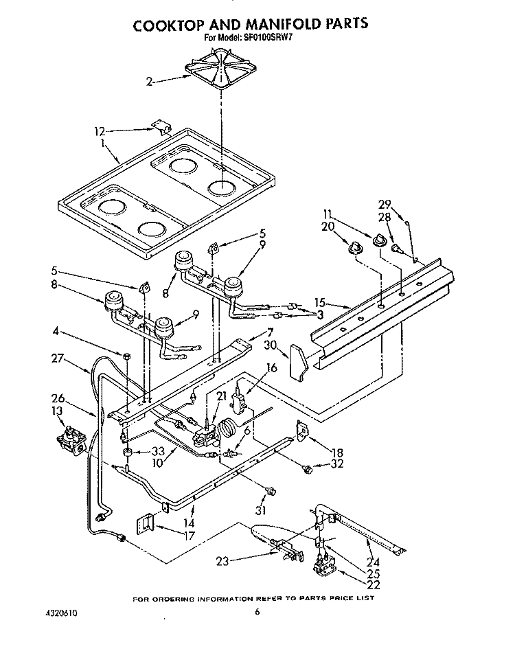 COOKTOP AND MANIFOLD, LIT/OPTIONAL Diagram and Parts List for SF0100SRW7  Whirlpool Range