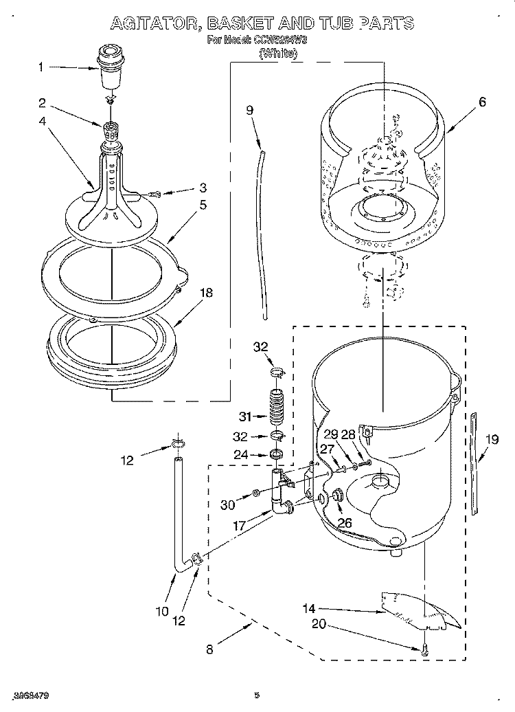 AGITATOR, BASKET AND TUB Diagram and Parts List for CCW5264W3  Whirlpool Washer