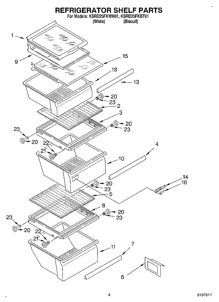REFRIGERATOR SHELF Diagram and Parts List for KSRD25FKWH01  KitchenAid Refrigerator