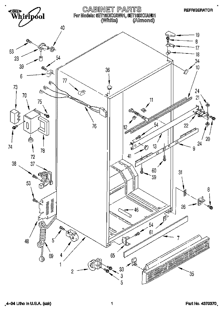 CABINET Diagram and Parts List for 6ET18DKXAW01  Whirlpool Refrigerator