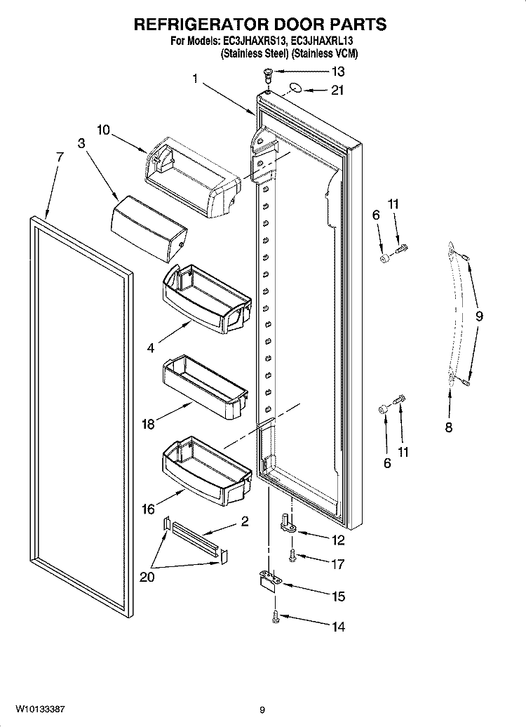 REFRIGERATOR DOOR PARTS Diagram and Parts List for EC3JHAXRL13  Whirlpool Refrigerator