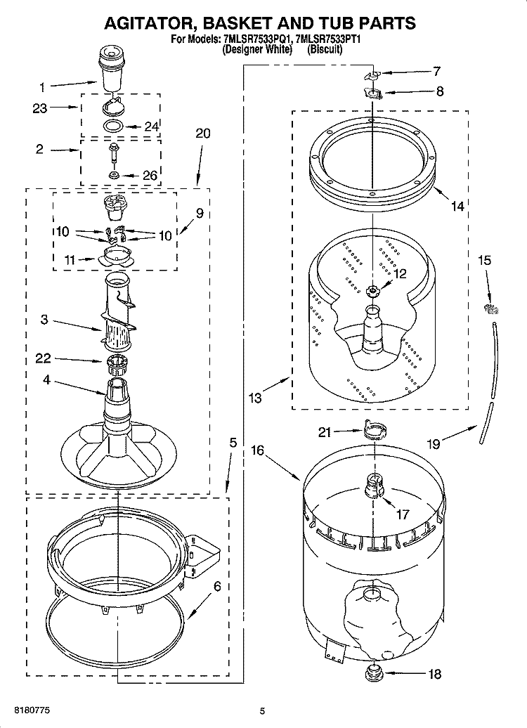 AGITATOR, BASKET AND TUB PARTS Diagram and Parts List for 7MLSR7533PT1  Whirlpool Washer