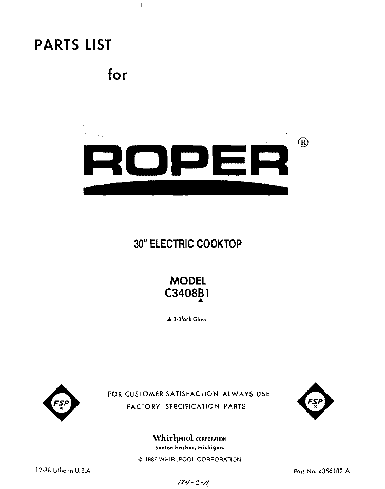 COVER Diagram and Parts List for C3408B1  Roper Range