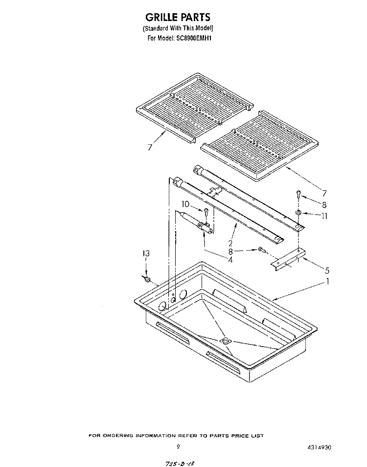GRILLE Diagram and Parts List for SC8900EMH1  Whirlpool Cooktop