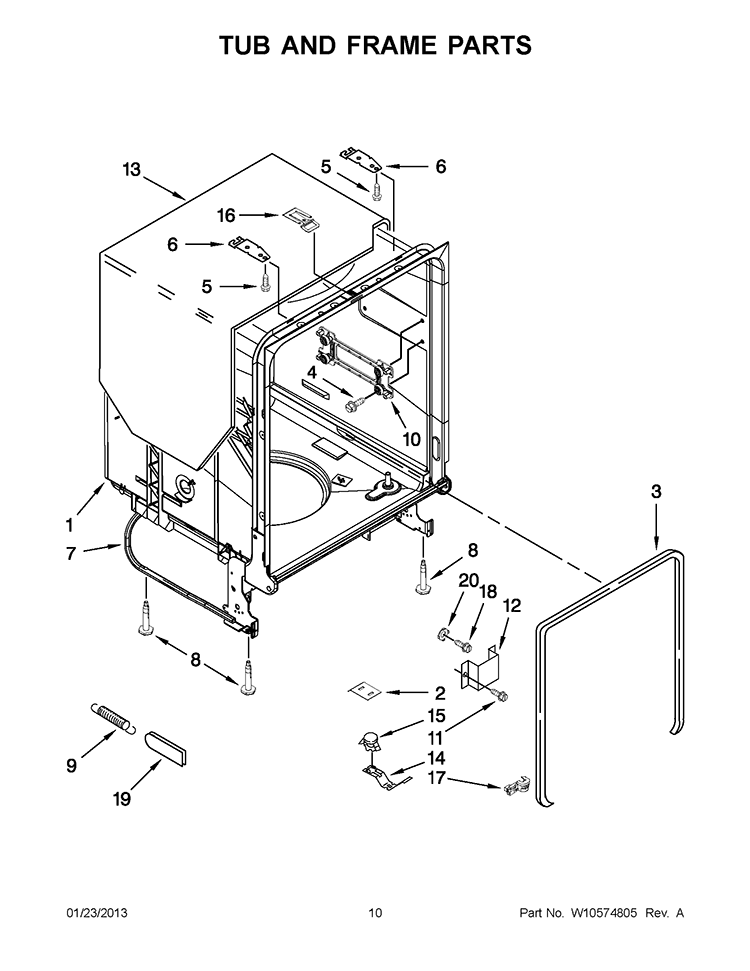 TUB AND FRAME PARTS Diagram and Parts List for WDF730PAYB4  Whirlpool Dishwasher