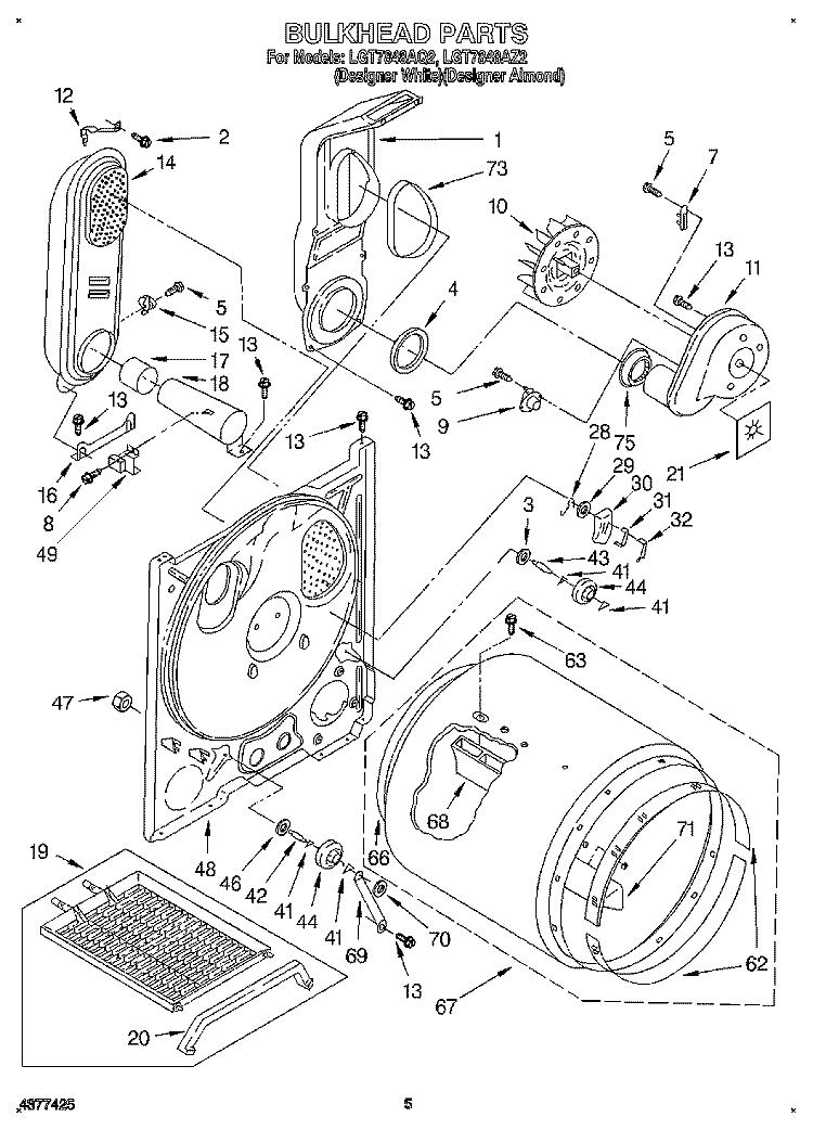 BULKHEAD Diagram and Parts List for LGT7848AZ2  Whirlpool Dryer