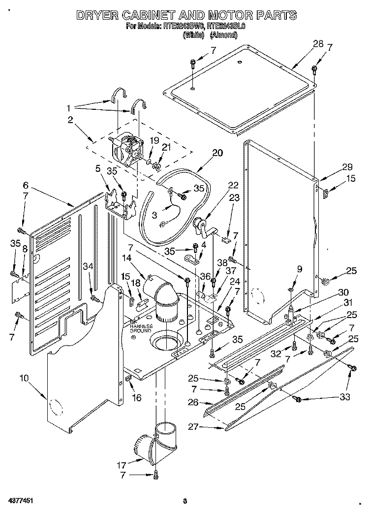 DRYER CABINET AND MOTOR Diagram and Parts List for RTE5243BW0  Roper Washer Dryer Combo