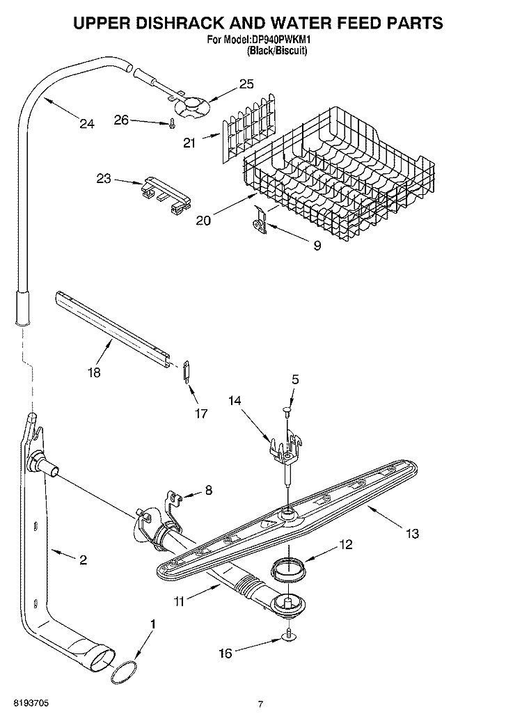 UPPER DISHRACK AND WATER FEED Diagram and Parts List for DP940PWKM1  Whirlpool Dishwasher
