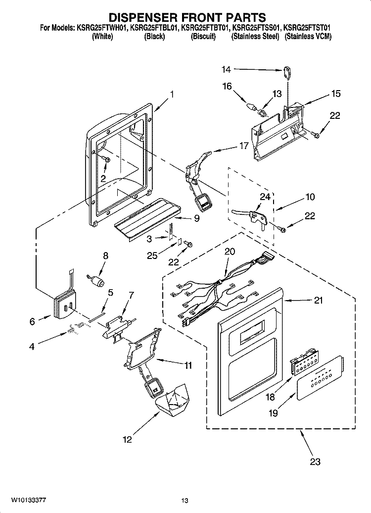 DISPENSER FRONT PARTS Diagram and Parts List for KSRG25FTBL01  KitchenAid Refrigerator