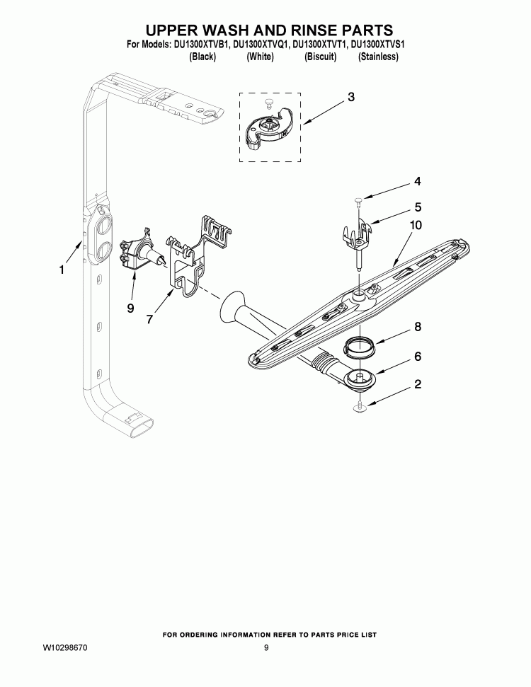 UPPER WASH AND RINSE PARTS Diagram and Parts List for DU1300XTVQ1  Whirlpool Dishwasher