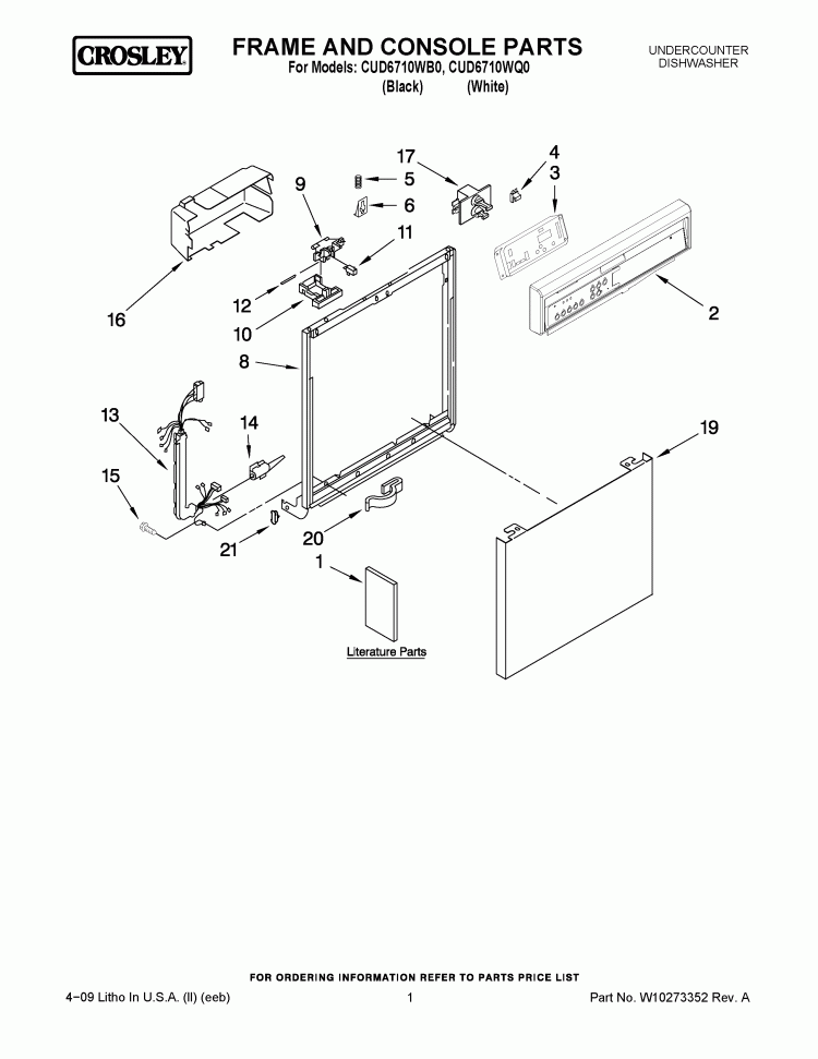 FRAME AND CONSOLE PARTS Diagram and Parts List for CUD6710WB0  Crosley Dishwasher