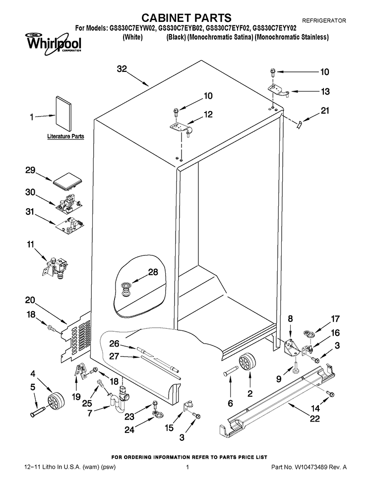 CABINET PARTS Diagram and Parts List for GSS30C7EYF02  Whirlpool Refrigerator