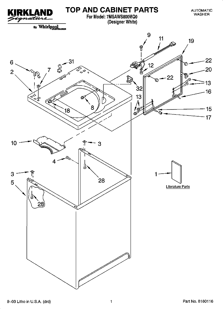 TOP AND CABINET PARTS Diagram and Parts List for 7MSAWS800MQ0  Whirlpool Washer