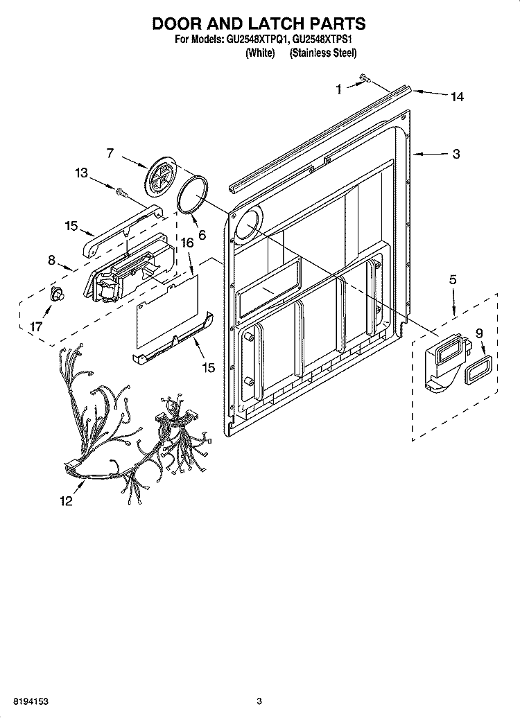 DOOR AND LATCH PARTS Diagram and Parts List for GU2548XTPS1  Whirlpool Dishwasher