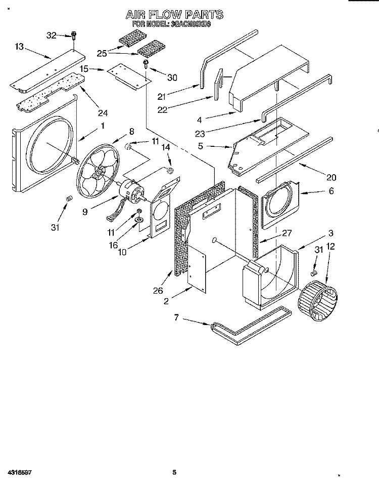 AIR FLOW Diagram and Parts List for 3QACM09XD3  Whirlpool Air Conditioner