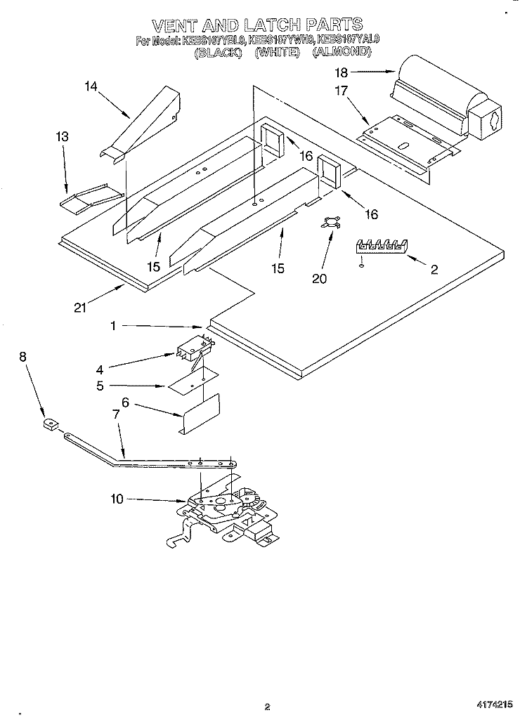 VENT AND LATCH Diagram and Parts List for KEBS107YAL0  KitchenAid Wall Oven