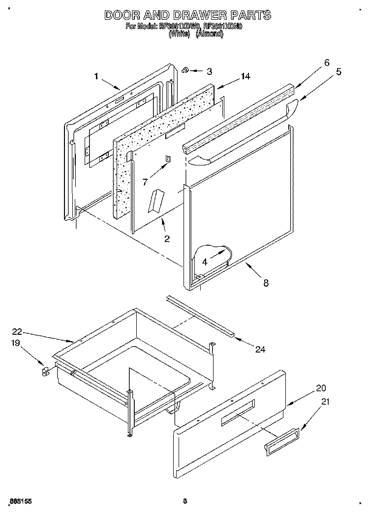 DOOR AND DRAWER Diagram and Parts List for RF3661XDW0  Whirlpool Range