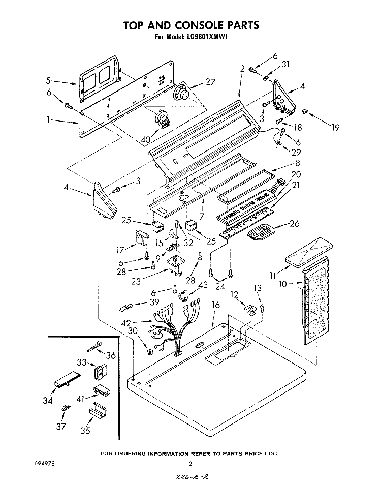 TOP AND CONSOLE , LITERATURE AND OPTIONAL Diagram and Parts List for LG9801XMW1  Whirlpool Dryer