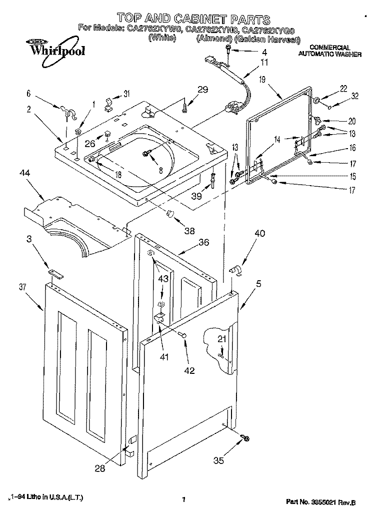 TOP AND CABINET, LIT/OPTIONAL Diagram and Parts List for CA2762XYG0  Whirlpool Washer