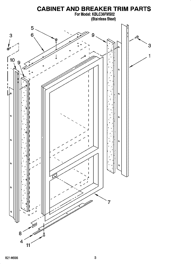 CABINET AND BREAKER TRIM PARTS Diagram and Parts List for KBLC36FMS02  KitchenAid Refrigerator