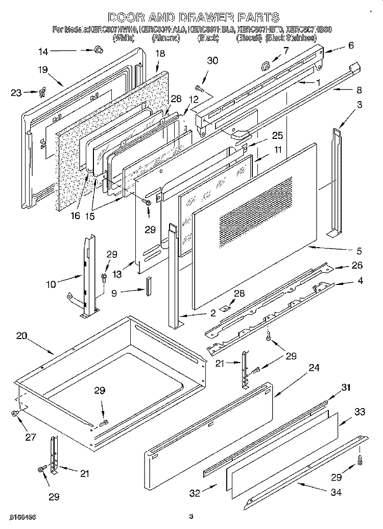 DOOR AND DRAWER Diagram and Parts List for KERC507HBS0  KitchenAid Range