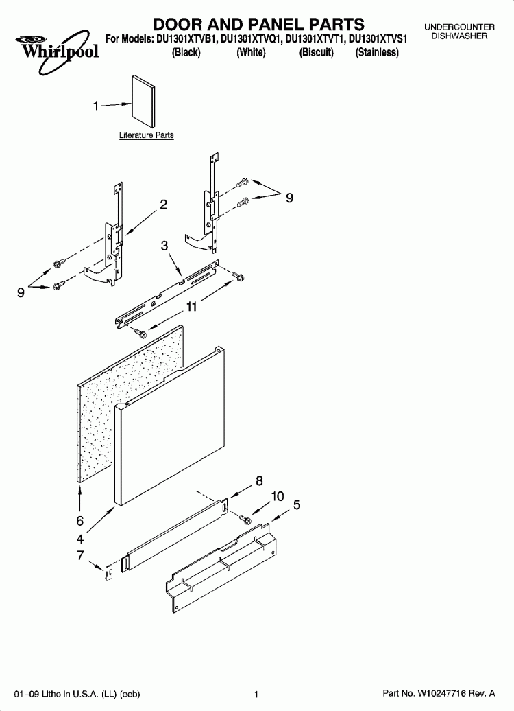DOOR AND PANEL PARTS Diagram and Parts List for DU1301XTVQ1  Whirlpool Dishwasher