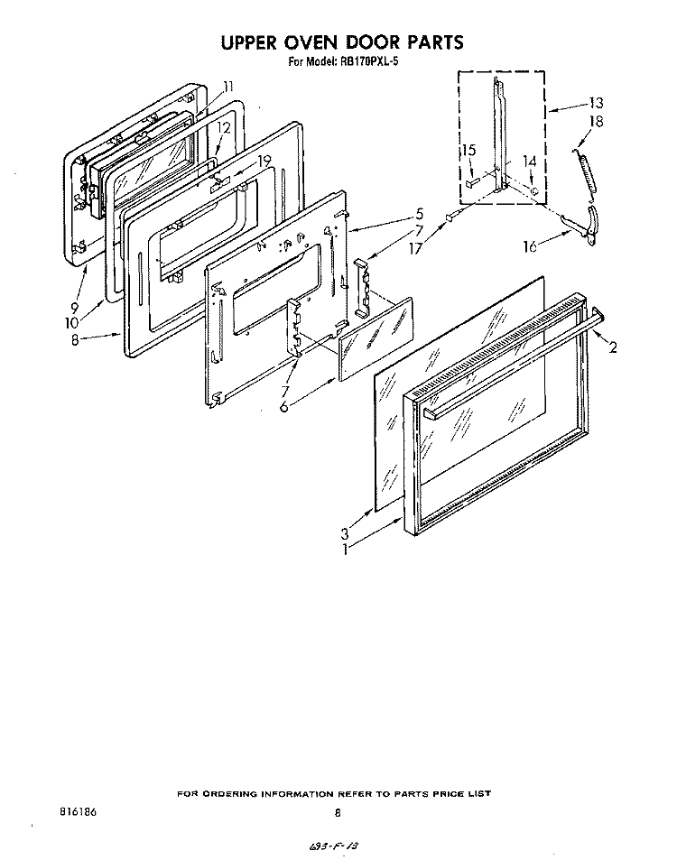 UPPER OVEN DOOR Diagram and Parts List for RB170PXL5  Whirlpool Wall Oven