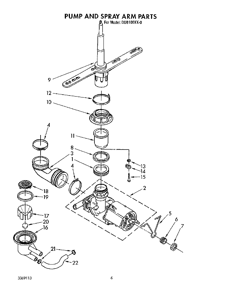 PUMP AND SPRAY ARM Diagram and Parts List for DU8100XX0  Whirlpool Dishwasher