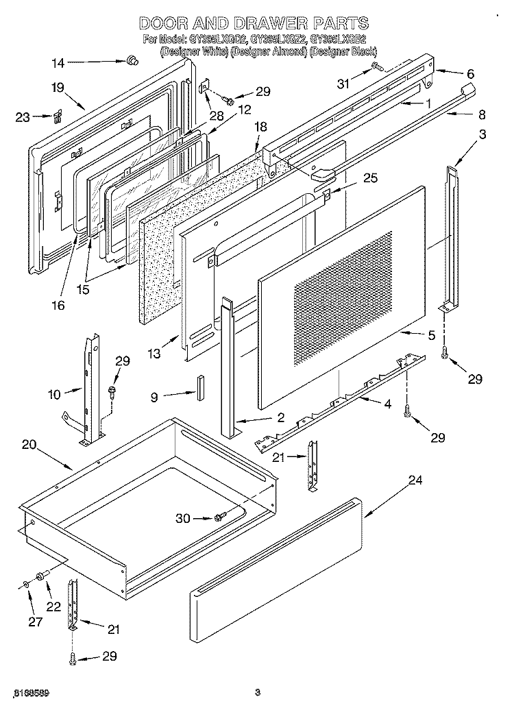 DOOR AND DRAWER Diagram and Parts List for GY395LXGZ2  Whirlpool Range