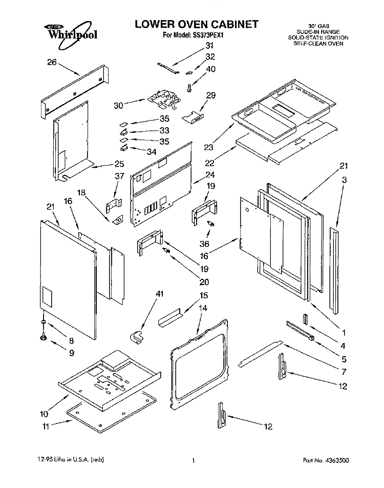 LOWER OVEN CABINET Diagram and Parts List for SS373PEX1  Whirlpool Range