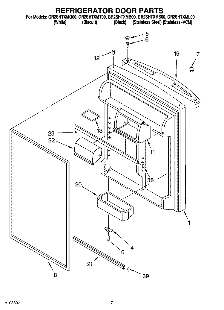 REFRIGERATOR DOOR PARTS Diagram and Parts List for GR2SHTXML00  Whirlpool Refrigerator